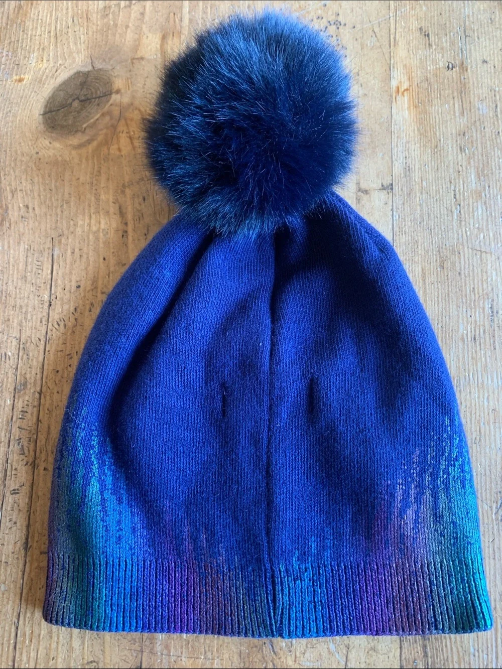 Adrienne Landau Womens Iridescent Navy Beanie with Pom